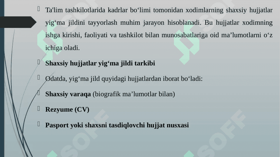 TAʼLIM TASHKILOTLARIDA KADRLAR SHAXSIY XUJJATLARNING YIGʻMA JILDINI TAYYORLASH 3