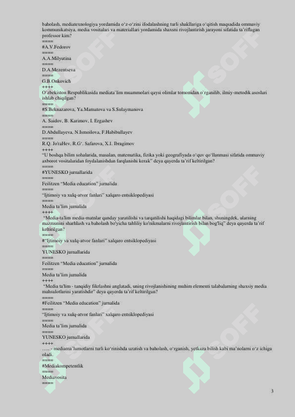 Media savodxonlik test javoblari bilan Pedagogika 3