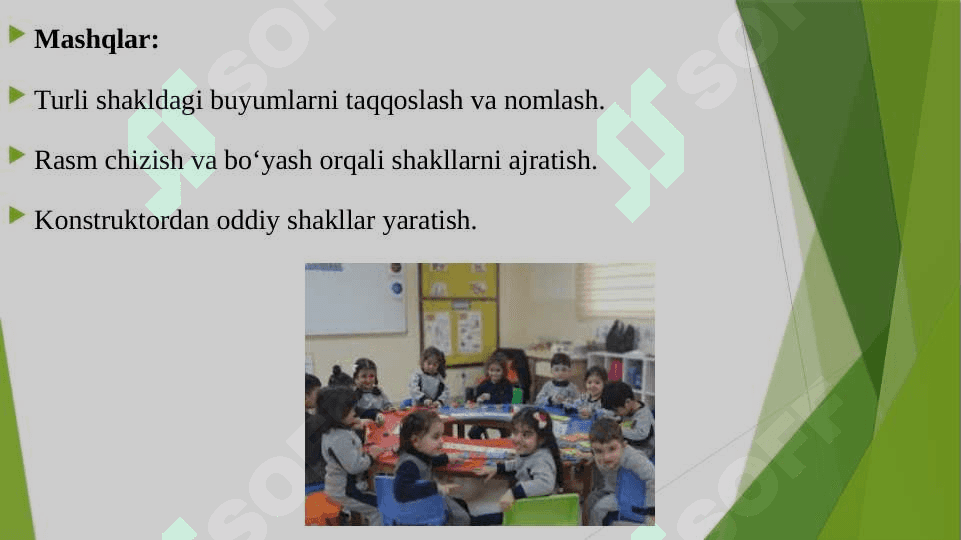 TURLI YOSHDAGI BOLALARDA PREDMETLAR SHAKLI VA ULARNING QISMLARINI TAHLIL QILISH MASHQ QILDIRISH MASHGʼULOT ISHLANMASI TUZISH 5