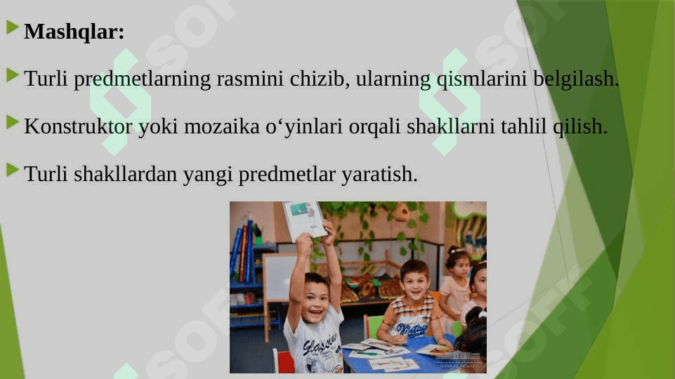 TURLI YOSHDAGI BOLALARDA PREDMETLAR SHAKLI VA ULARNING QISMLARINI TAHLIL QILISH MASHQ QILDIRISH MASHGʼULOT ISHLANMASI TUZISH 7