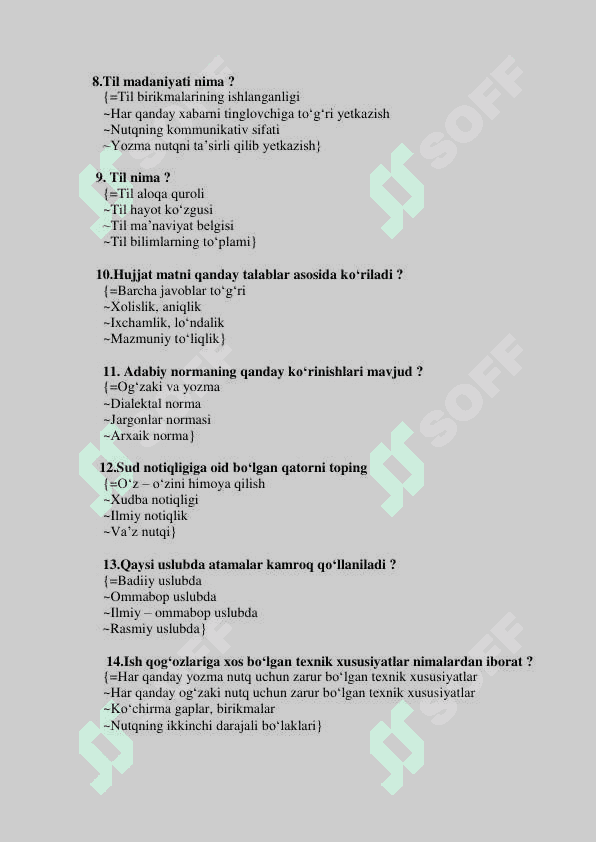 O'zbek tilining sohada qo'llanilishi test javobi bilan 2
