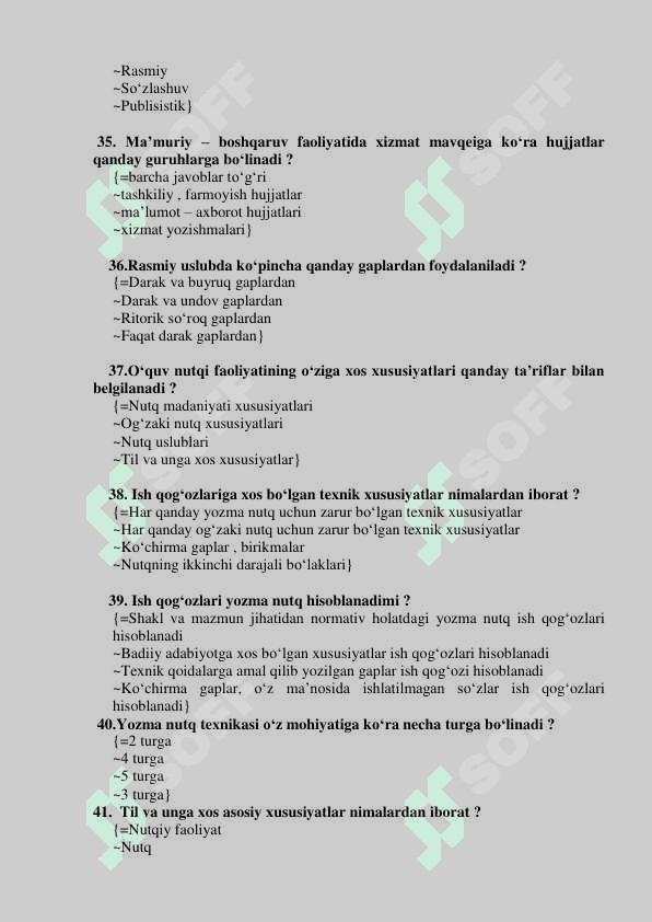 O'zbek tilining sohada qo'llanilishi test javobi bilan 6