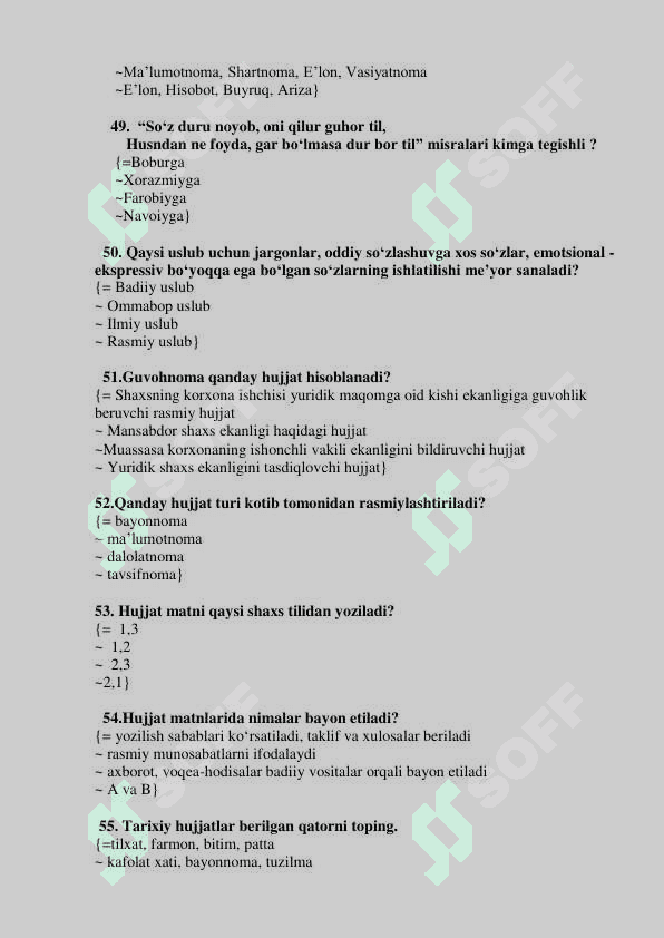 O'zbek tilining sohada qo'llanilishi test javobi bilan 8