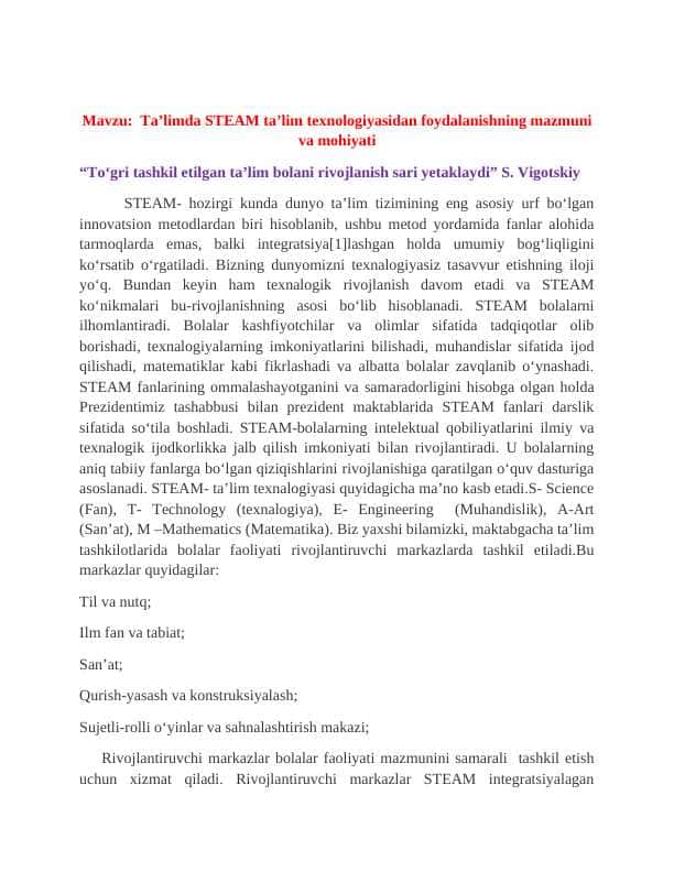 Taʼlimda STEAM taʼlim texnologiyasidan foydalanishning mazmuni va mohiyati