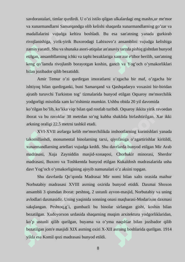 YOG’OCH O’YMAKORLIGIDA TAYYORLANGAN USTUNLARDA QO'LLANILGAN NAQSH TURLARI VA ULARNING 8