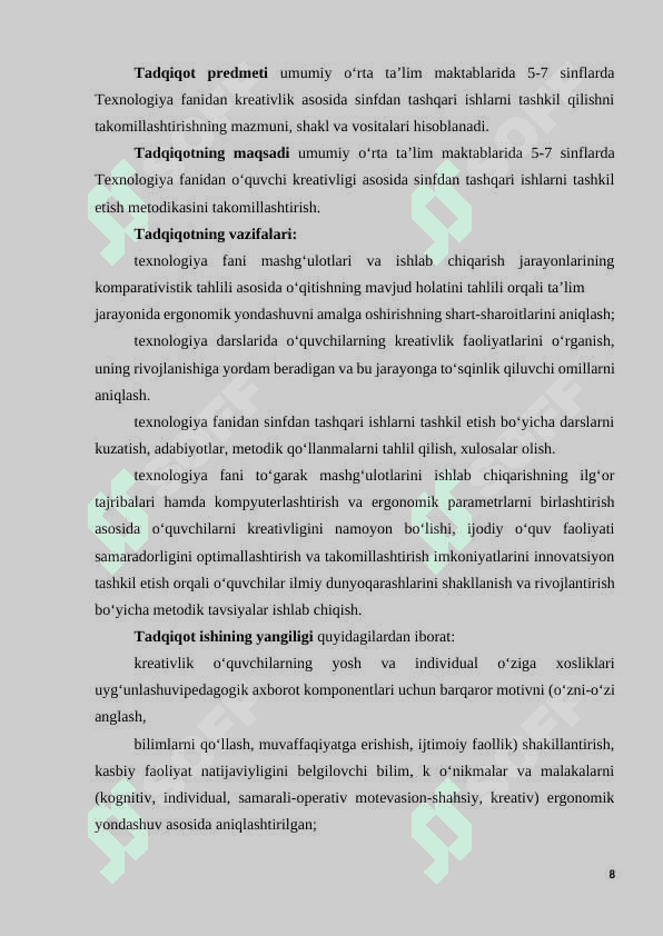 TEХNOLOGIYА FАNIDАN KREАTIVLIK АSOSIDА SINFDАN TАSHQАRI ISHLАRNI TАSHKIL QILISH TEХNOLOGIYАSINI TАKOMILLАSHTIRISH 8