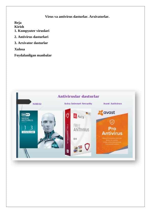 Virus va antivirus dasturlar. Arxivatorlar. 1