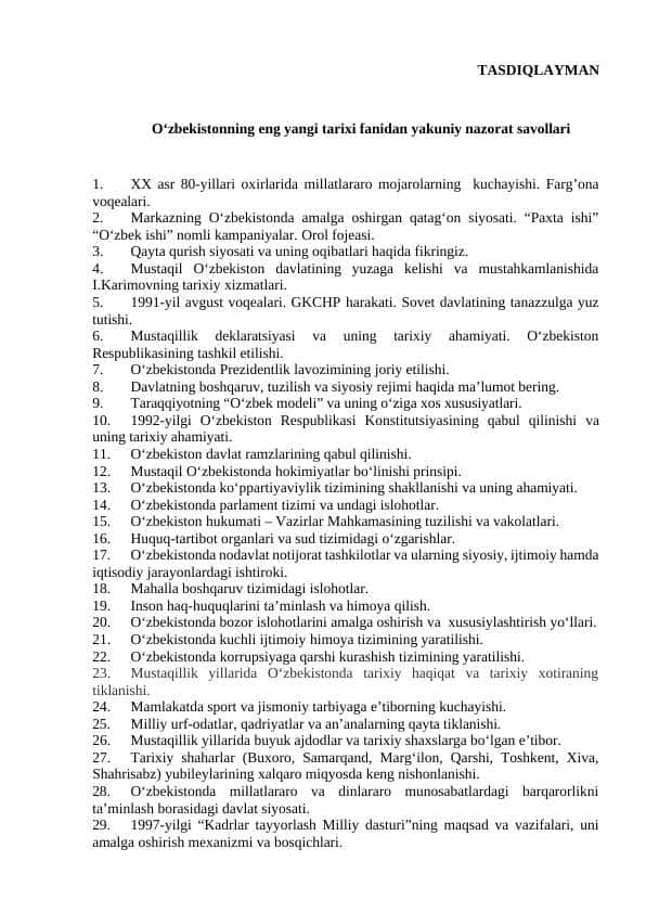 Oʻzbekistonning eng yangi tarixi fanidan yakuniy nazorat savollari
