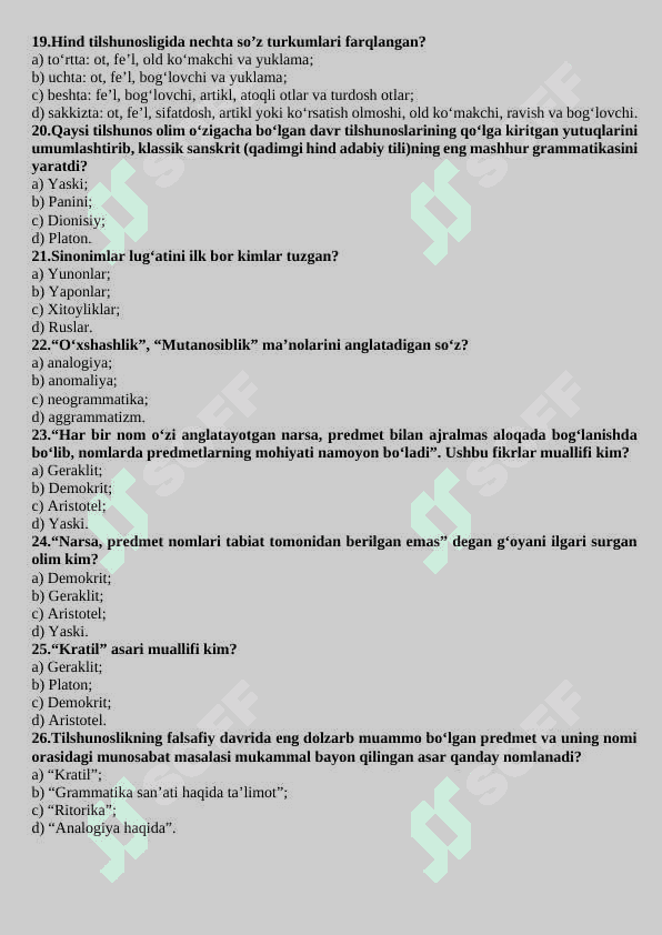 TILSHUNOSLIK FANIDAN TESTLAR 3