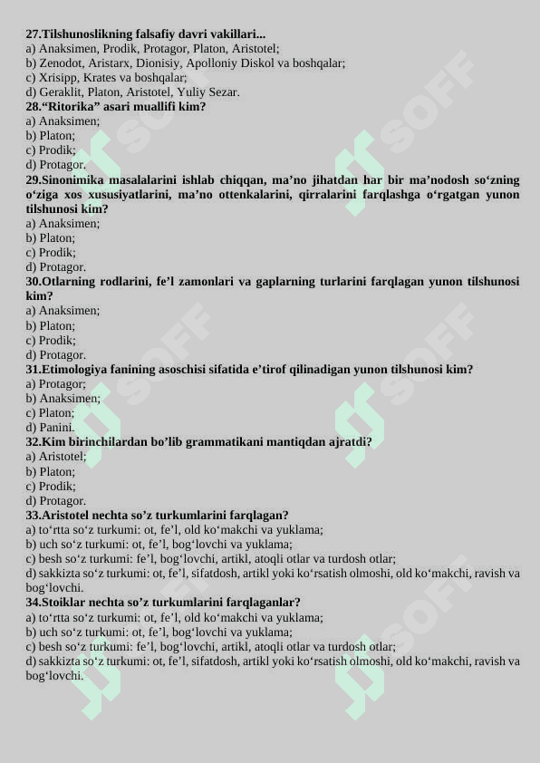 TILSHUNOSLIK FANIDAN TESTLAR 4