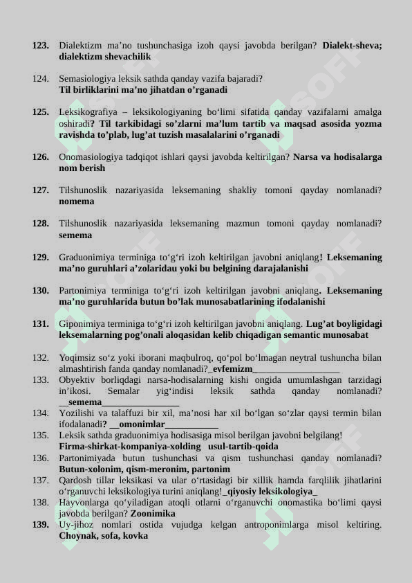 TILSHUNOSLIK FANIDAN TESTLAR 6