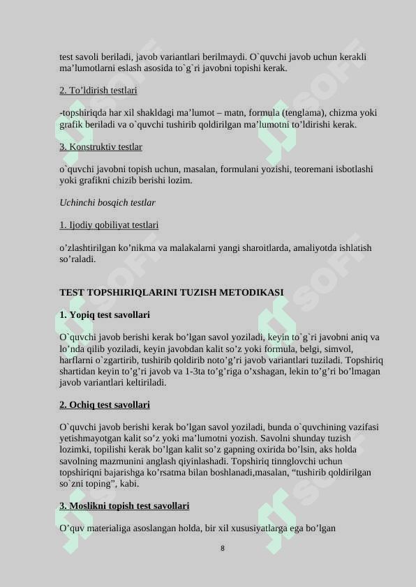 Testning sifati validligi ishonchliligi Testni yaratish 8