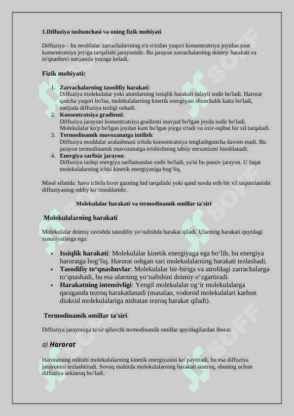 Suyuqlik va gazlar diffuziyasining asosiy xususiyatlari 2
