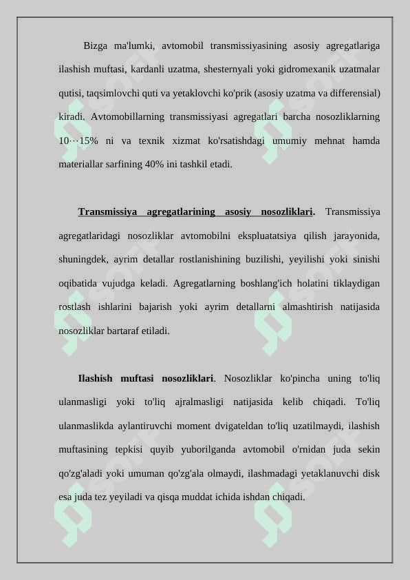 Transmissiyalar yuritish qismi boshqarish mexanizmi elementlari hamda kuzov kabina va shinalarni ta'mirlash 2