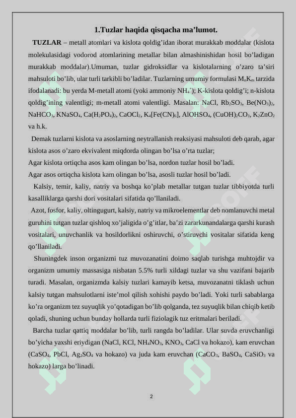 Tuzlar ularning olinish va xossalari 2