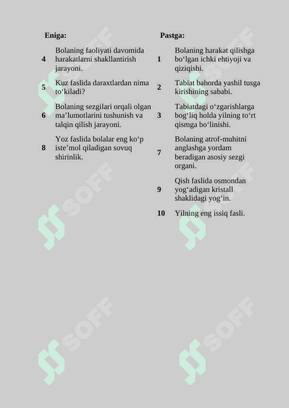 Bola rivojlanishida faoliyatning psixologik tuzilishi va opratsiyalarning rolli sensor-perseptiv sohada. Yil fasllari metodikasini o'tkazish (3 ta sinaluvchida) Krossvord 1