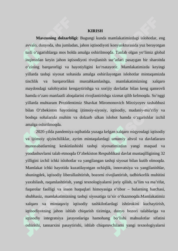 O`zbekiston Respublikasining  jahon mamlakatlari bilan iqtisodiy aloqalarining rivojlanishi 2