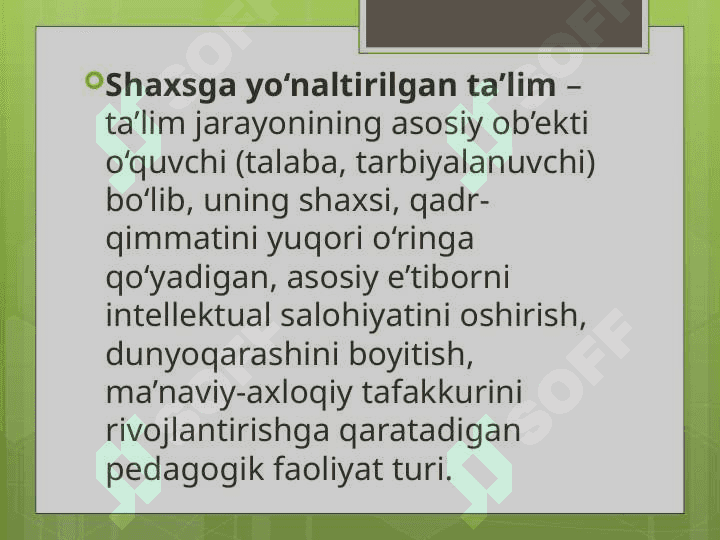 Shaxsga yoʻnaltirilgan yondashuv asosida taʼlim va tarbiya jarayonini rejalashtirishreja: 2