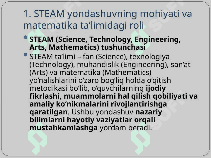 Matematika darslarini tashkil etishda steam yondashuv asosida pedagogik metodlar asosida dars ishlanmalarini tuzish va tahlil qilish m 4
