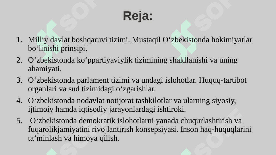 O‘zbekistonda huquqiy siyosiy islohotlarning amalga oshirilishi, demokratik jamiyatni shakllantirish yo‘lidagi islohotlar 2