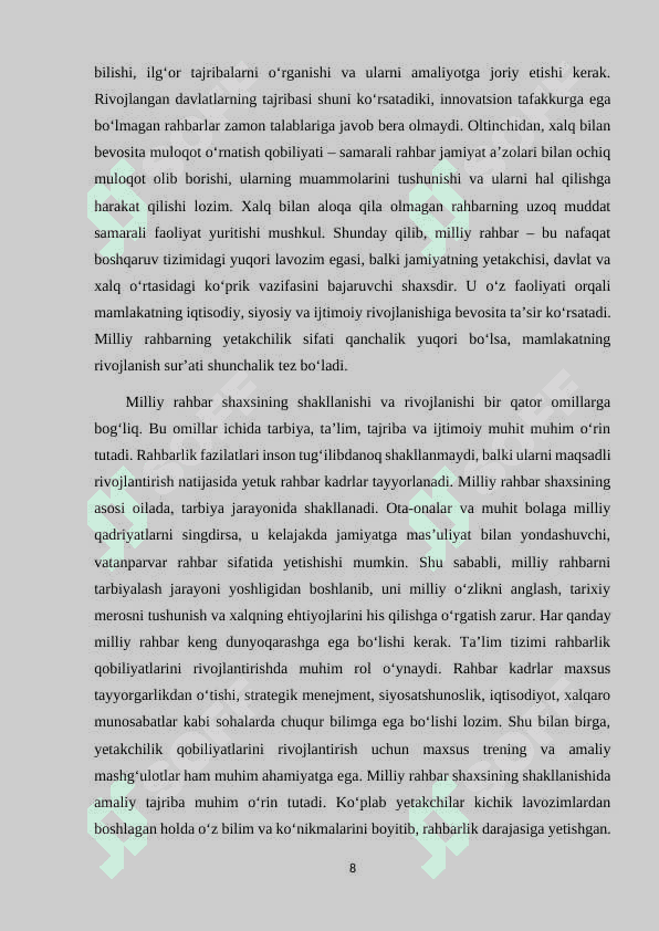 Milliy rahbar kadrlar faoliyati. kurs ishi 8