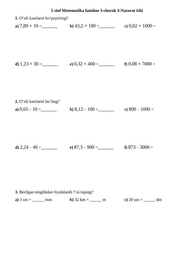 5 sinf Matematika fanidan 3-chorak 3-Nazorat ishi