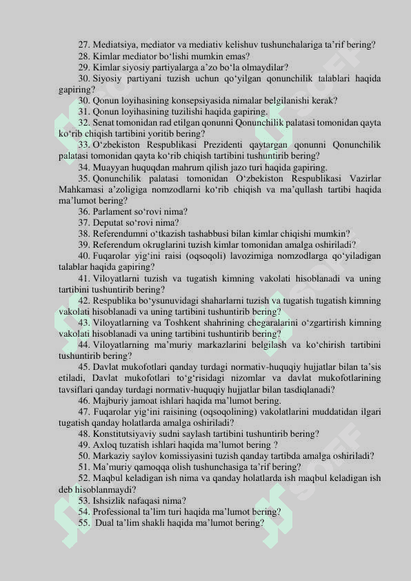 Adliya vazirligi (Vazirlik MA va hududiy AB) tanlovning  suhbat bosqichi uchun mutaxassislikka oid SAVOLLAR RO‘YXATI 2