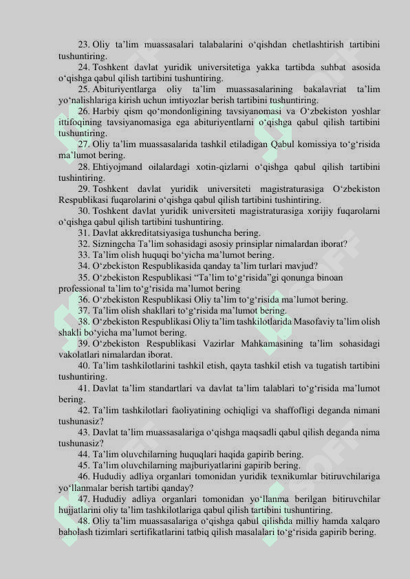 Toshkent davlat yuridik universiteti tarkibiy boʻlinmalaridagi bo‘sh (vakant)  lavozimlar uchun o‘tkaziladigan (ichki va tashqi) tanlovning suhbat bosqichi  uchun mutaxassislikka oid SAVOLLAR RO‘YXATI . Argos savollar 2