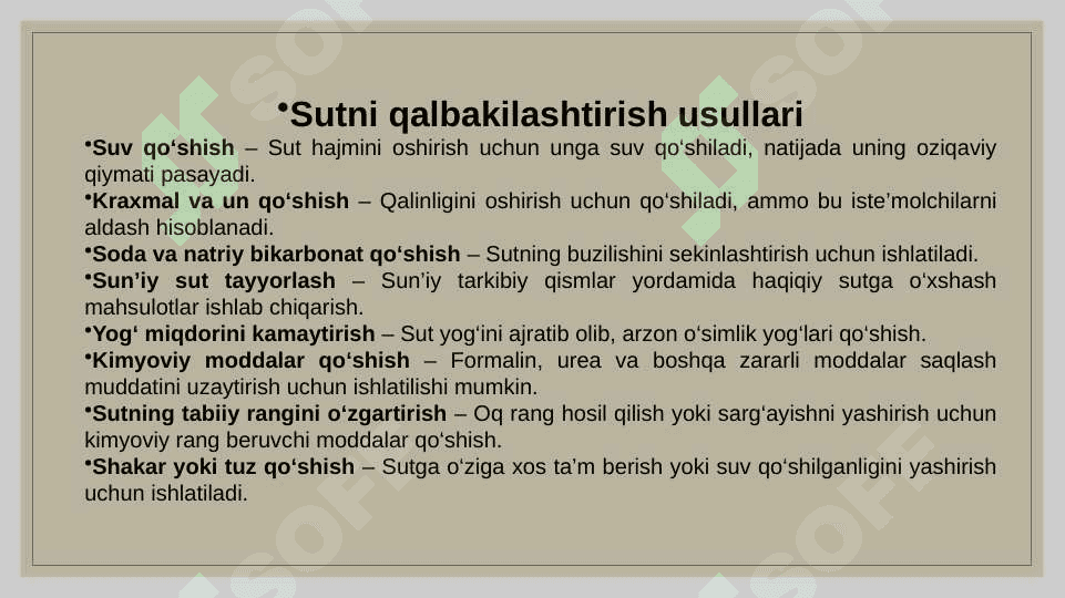 Sutni qalbakilashtirishga qarshi olib boriladigan tajriba usullari. 3