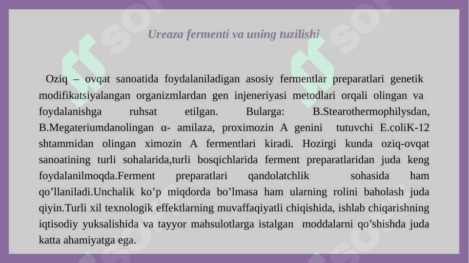 Ureaza fermentining oziq-ovqat sanoatida qo’llanilishi 2