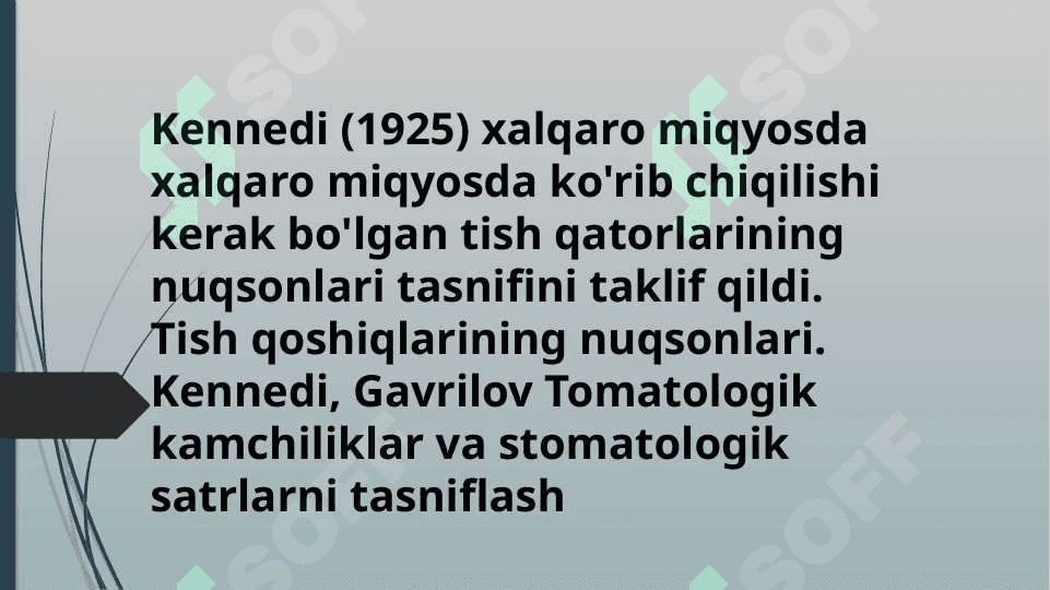 TISH NUQSONLARINING XALQARO TASNIFI,BO’SHLIQLAR JOYLASHGAN JOYNING HARF BILAN BELGILASH. BLEK BO’YICHA BO’SHLIQLAR TASNIFI.MELIKOVICHGA KO’RA IROPZ. 2