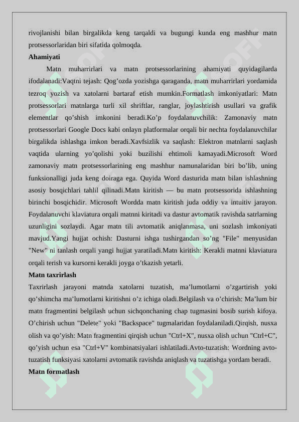 Matn muharrirlari va Word matn protsessori. Kiritish taxrirlash va formatlash amallari. 3