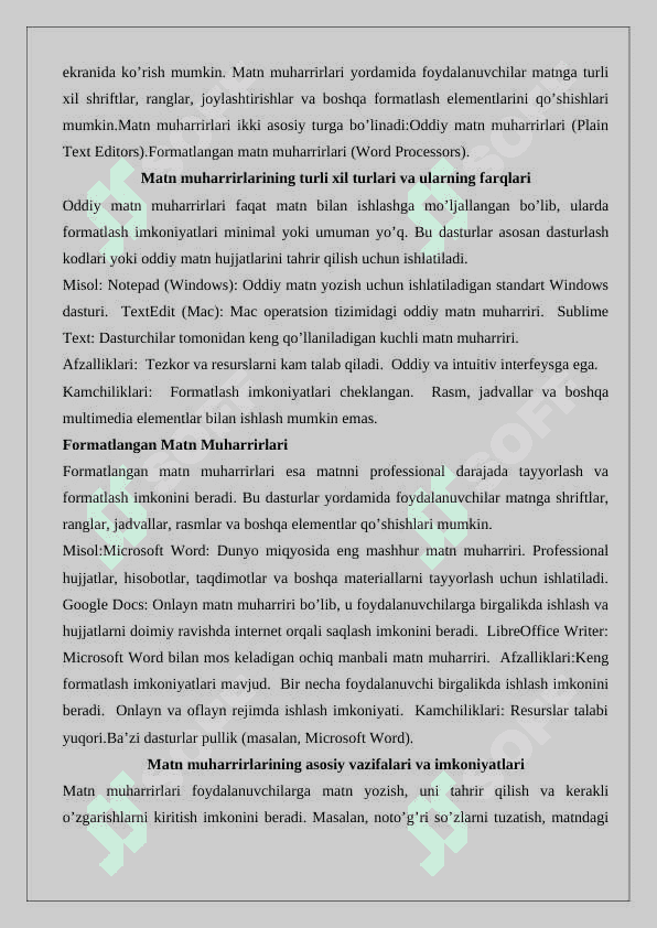 Matn muharrirlari va Word matn protsessori. Kiritish taxrirlash va formatlash amallari. 5