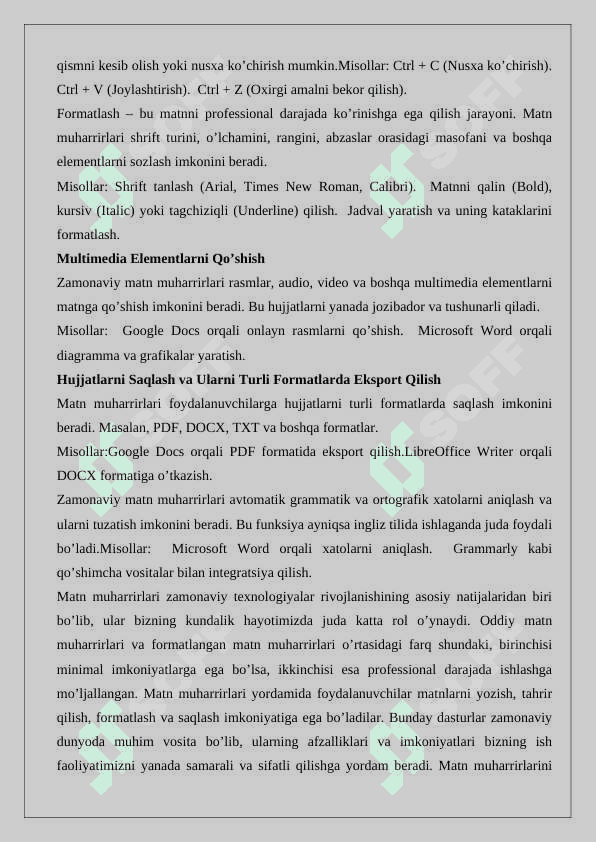 Matn muharrirlari va Word matn protsessori. Kiritish taxrirlash va formatlash amallari. 6