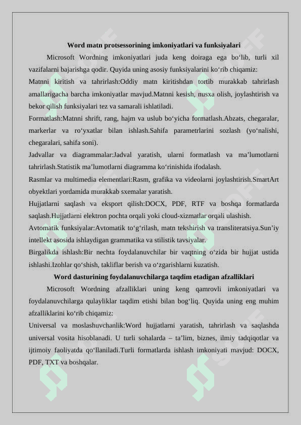 Matn muharrirlari va Word matn protsessori. Kiritish taxrirlash va formatlash amallari. 8