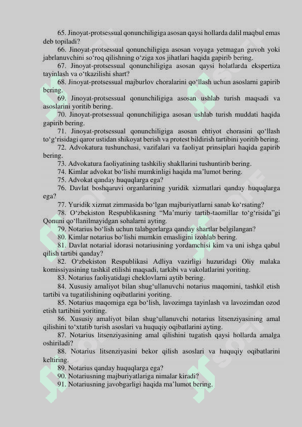 Argos test. Adliya vazirligi qoshidagi Yuristlar malakasini oshirish markazi  kafedralaridagi bo‘sh (vakant) lavozimlar uchun o‘tkaziladigan (ichki va  tashqi) tanlovning suhbat bosqichi uchun mutaxassislikka oid SAVOLLAR RO‘YXATI 4