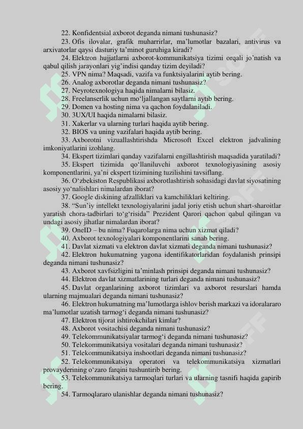 Argos suhbat savollar. “Adliya organlari va muassasalarida axborot-kommunikatsiya  texnologiyalarini rivojlantirish markazi” DM hamda adliya tizimidagi soha  mutaxassislari boʻyicha bo‘sh (vakant) lavozimlar uchun o‘tkaziladigan (ichki  va tashqi) tanlovning suhbat bosqichi uchun mutaxassislikka oid SAVOLLAR RO‘YXATI 2