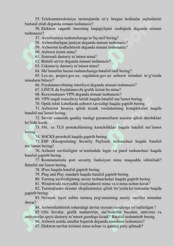 Argos suhbat savollar. “Adliya organlari va muassasalarida axborot-kommunikatsiya  texnologiyalarini rivojlantirish markazi” DM hamda adliya tizimidagi soha  mutaxassislari boʻyicha bo‘sh (vakant) lavozimlar uchun o‘tkaziladigan (ichki  va tashqi) tanlovning suhbat bosqichi uchun mutaxassislikka oid SAVOLLAR RO‘YXATI 3