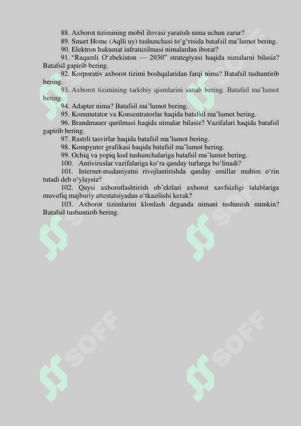Argos suhbat savollar. “Adliya organlari va muassasalarida axborot-kommunikatsiya  texnologiyalarini rivojlantirish markazi” DM hamda adliya tizimidagi soha  mutaxassislari boʻyicha bo‘sh (vakant) lavozimlar uchun o‘tkaziladigan (ichki  va tashqi) tanlovning suhbat bosqichi uchun mutaxassislikka oid SAVOLLAR RO‘YXATI 4
