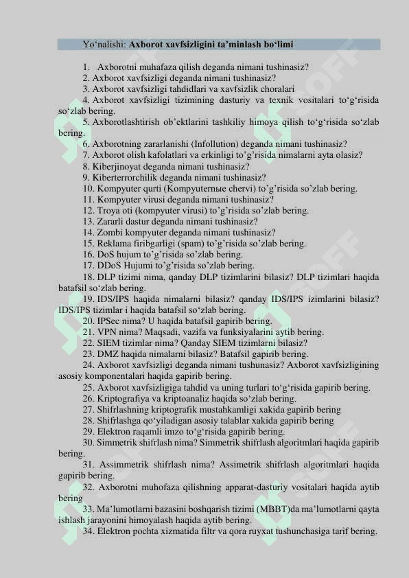 Argos suhbat savollar. “Adliya organlari va muassasalarida axborot-kommunikatsiya  texnologiyalarini rivojlantirish markazi” DM hamda adliya tizimidagi soha  mutaxassislari boʻyicha bo‘sh (vakant) lavozimlar uchun o‘tkaziladigan (ichki  va tashqi) tanlovning suhbat bosqichi uchun mutaxassislikka oid SAVOLLAR RO‘YXATI 5