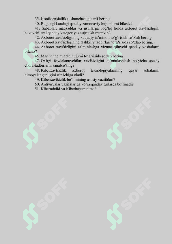 Argos suhbat savollar. “Adliya organlari va muassasalarida axborot-kommunikatsiya  texnologiyalarini rivojlantirish markazi” DM hamda adliya tizimidagi soha  mutaxassislari boʻyicha bo‘sh (vakant) lavozimlar uchun o‘tkaziladigan (ichki  va tashqi) tanlovning suhbat bosqichi uchun mutaxassislikka oid SAVOLLAR RO‘YXATI 6