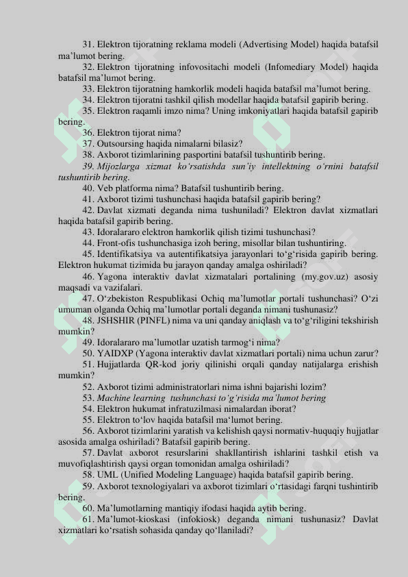 Argos suhbat savollar. “Adliya organlari va muassasalarida axborot-kommunikatsiya  texnologiyalarini rivojlantirish markazi” DM hamda adliya tizimidagi soha  mutaxassislari boʻyicha bo‘sh (vakant) lavozimlar uchun o‘tkaziladigan (ichki  va tashqi) tanlovning suhbat bosqichi uchun mutaxassislikka oid SAVOLLAR RO‘YXATI 8