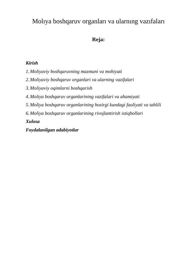 Molıya boshqaruv organları va ularnıng vazıfaları