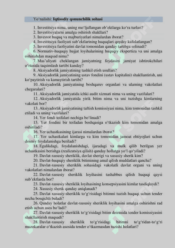 Argos test. Adliya vazirligi markaziy apparati hamda hududiy adliya boshqamalaridagi  bo‘sh (vakant) lavozimlar uchun o‘tkaziladigan (ichki va tashqi) tanlovning  suhbat bosqichi uchun mutaxassislikka oid SAVOLLAR RO‘YXATI 5