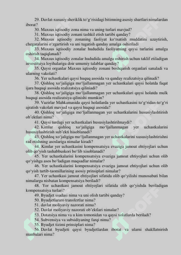Argos test. Adliya vazirligi markaziy apparati hamda hududiy adliya boshqamalaridagi  bo‘sh (vakant) lavozimlar uchun o‘tkaziladigan (ichki va tashqi) tanlovning  suhbat bosqichi uchun mutaxassislikka oid SAVOLLAR RO‘YXATI 6