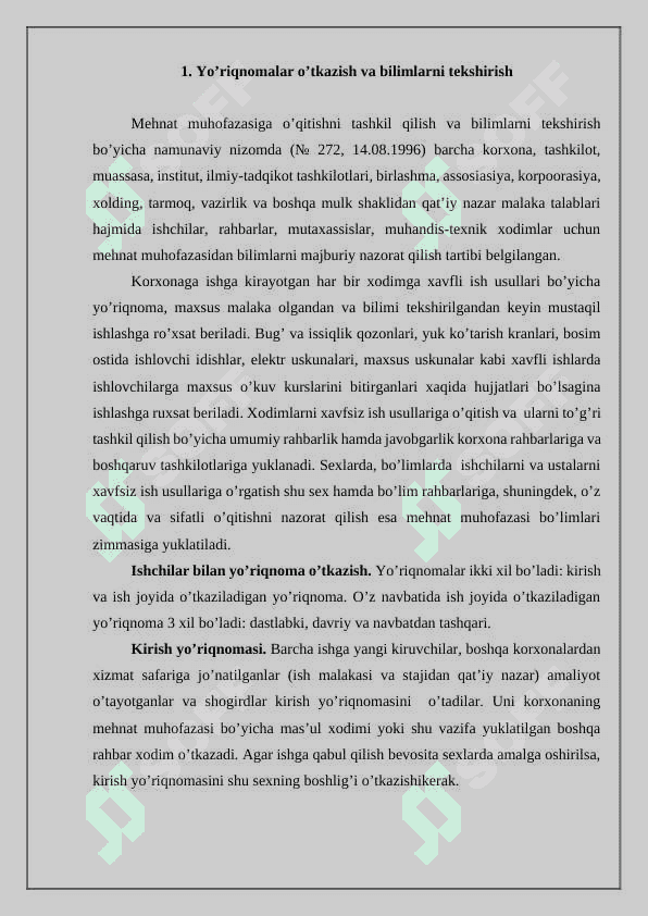 Mehnat muhofazasi bo'yicha o'qishlarni tashkil qilish va bilimlarni sinflash to'g'risida namunaviy nizom 2
