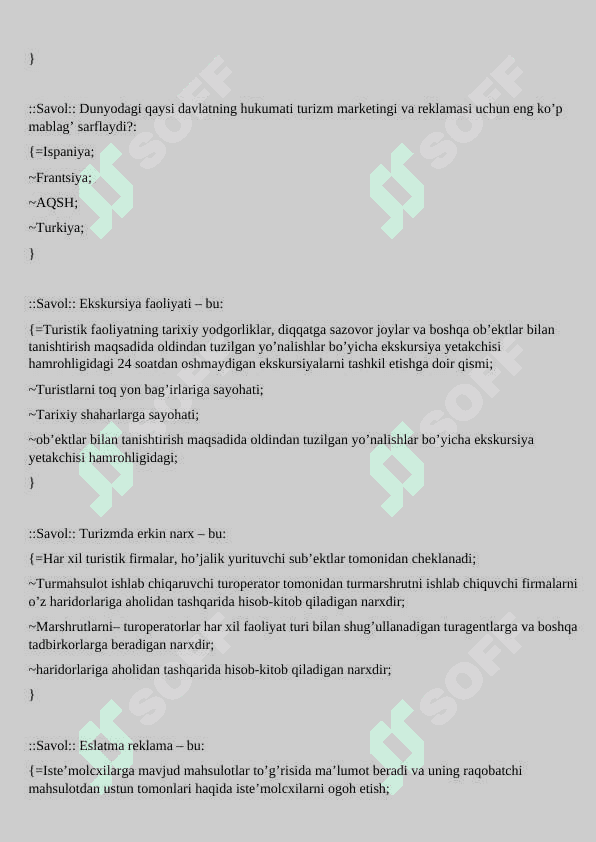 Turizm yakuniy savollar-testlar javoblari bilan. 7