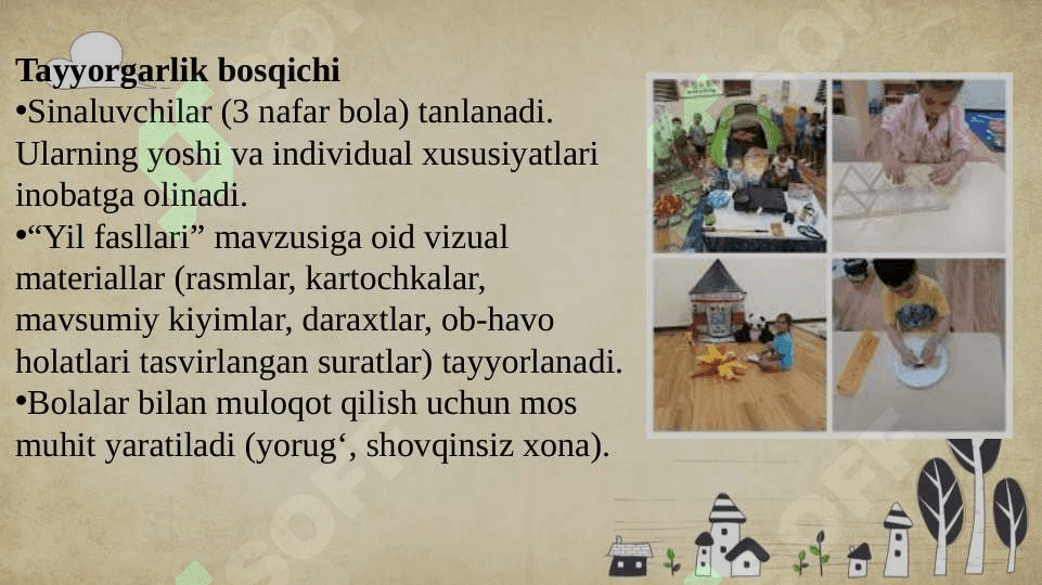 Bola rivojlanishida faoliyatning psixologik tuzilishi va operatsiyalarining rolli sensor-perseptiv sohada. “Yil fasllari” metodikasini o’tkazish (3 sinaluvchida 5