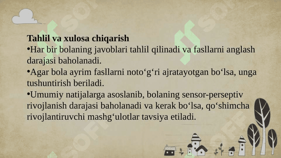 Bola rivojlanishida faoliyatning psixologik tuzilishi va operatsiyalarining rolli sensor-perseptiv sohada. “Yil fasllari” metodikasini o’tkazish (3 sinaluvchida 8