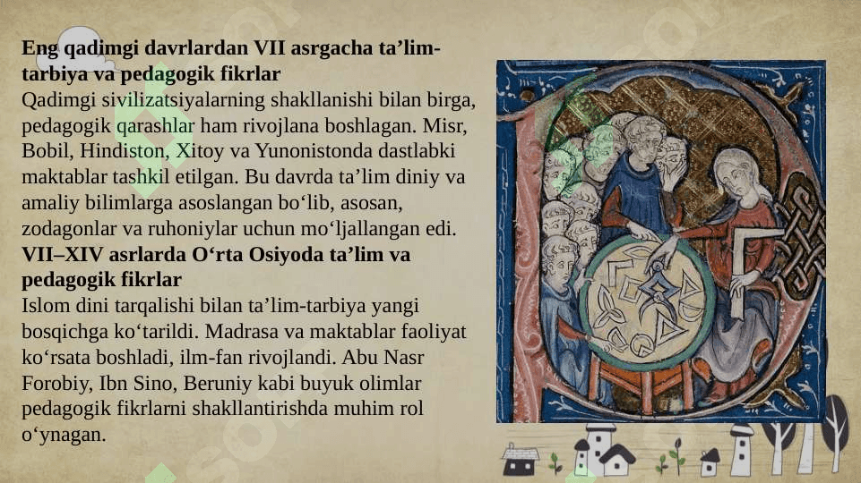 Pedagogika tarixi.  Pedagogika tarixi fan sifatida. Pedagogika nazariyasi. Pedagogika nazariyasi haqida ma’lumotlar to‘plash. Pedagogik mahurat. Pedagogik fikr tarixi va maktab amaliyotida o‘qituvchi maxorati masalalari 6